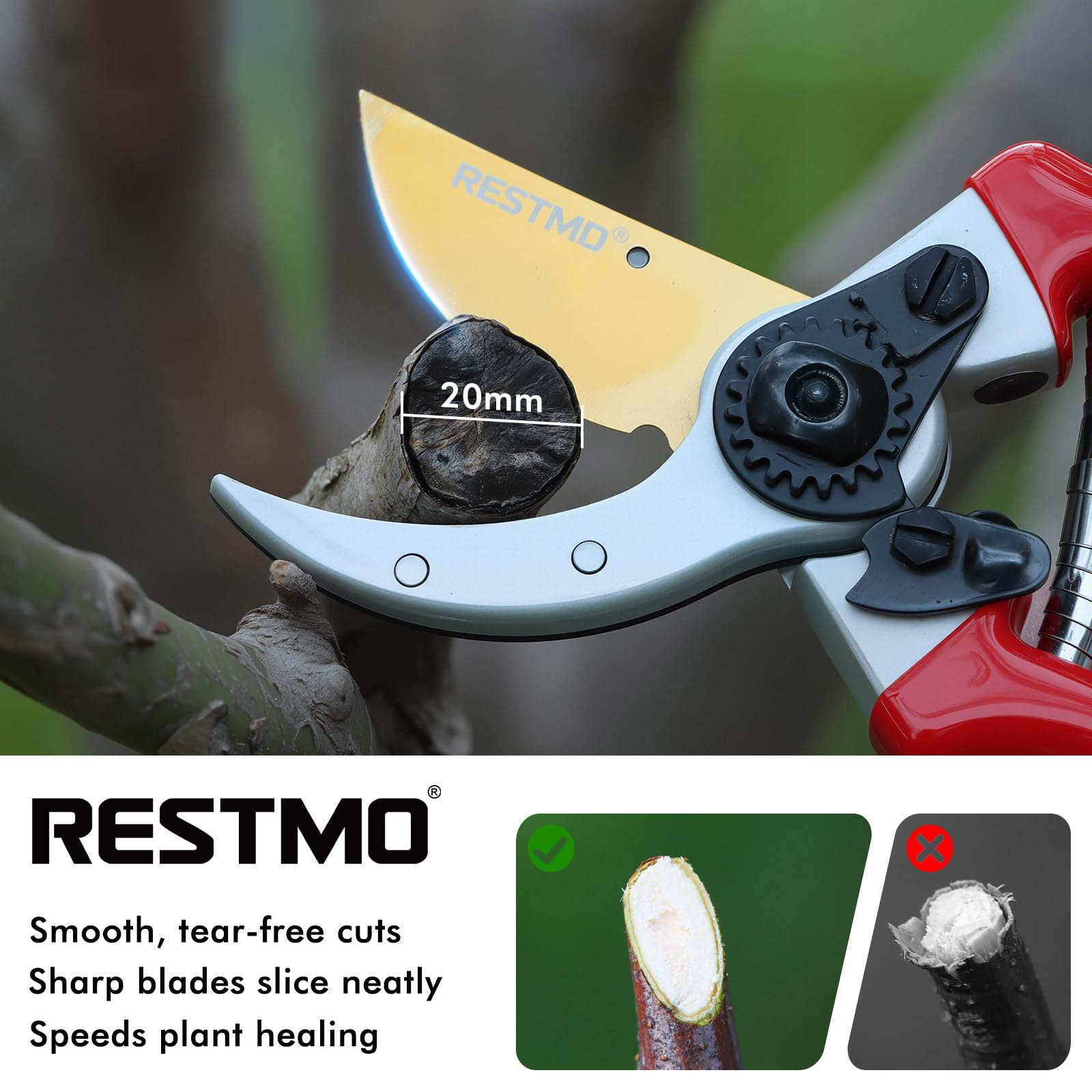 RESTMO Pruning Shears, 8.6 Inch, Titanium Blade, Bypass, Red