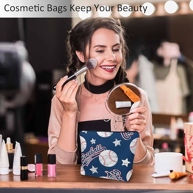 Kalygon Baseball Makeup Organizer Bag Cosmetic Bag For Men Women, Sports Ball Softball Baseball Blue Travel Toiletry Bag Flax Makeup Bags Purse Business Makeup Pouch For Toiletries Cosmetics