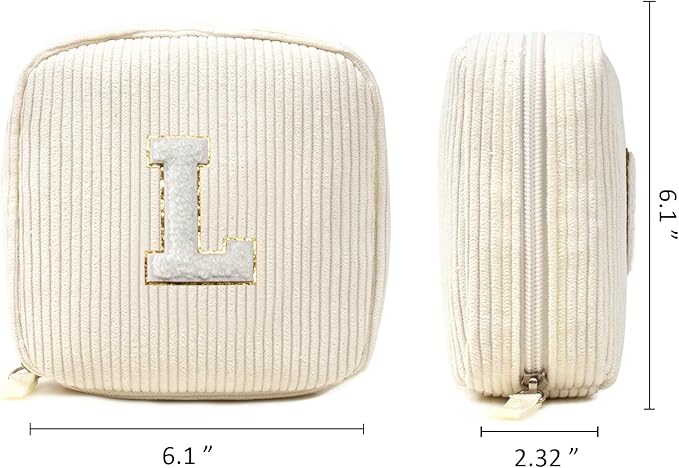 Small Personalized Initial Letter Makeup Bag, Preppy Patch Corduroy Makeup Bags Chenille Travel Toiletry Bag Cute Zipper Pouch Purse for Women Men Makeup Organizer Bag (Letter L, Beige)