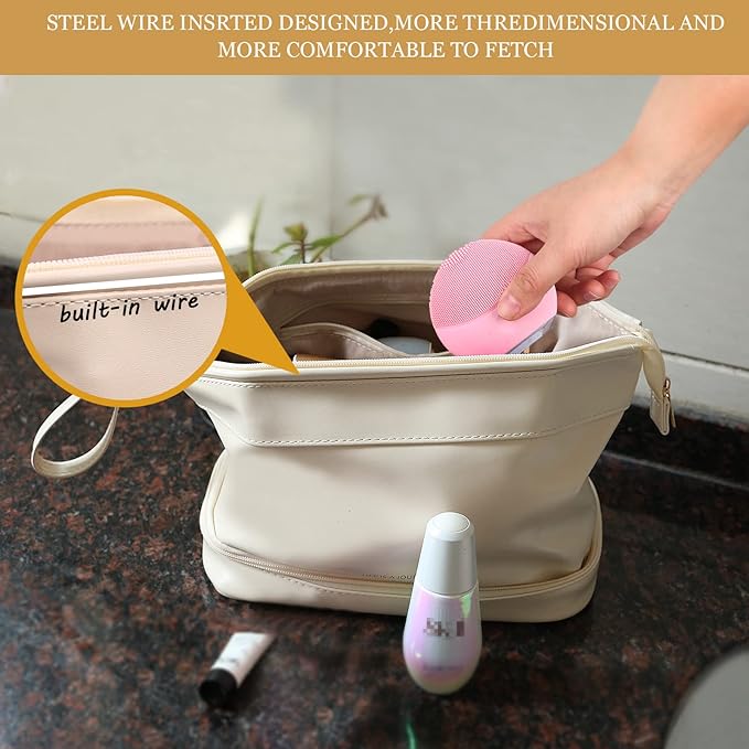 Abiudeng Waterproof Double Layer Makeup Bag for Women, Large Capacity Faux Leather Travel Cosmetic Bag with Compartments & Brush Holder, Portable Makeup Organizer for Traveling Gift for women