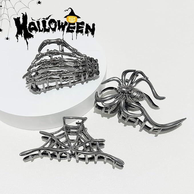 Parcce 3 Pieces Large Metal Spider Net Hand Hair Claw Clips for Women and Girls Thick Long Hair, Nonslip Skeleton Spooky Barrette Headband Hair Styling Accessories for Halloween