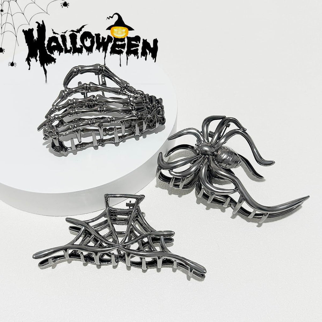 Parcce 3 Pieces Large Metal Spider Net Hand Hair Claw Clips for Women and Girls Thick Long Hair, Nonslip Skeleton Spooky Barrette Headband Hair Styling Accessories for Halloween
