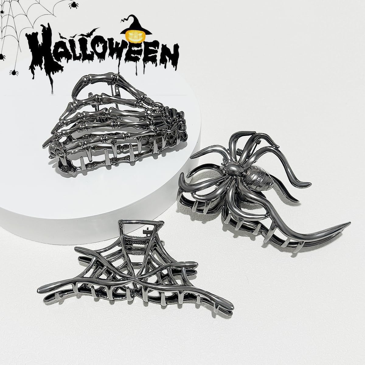 Parcce 3 Pieces Large Metal Spider Net Hand Hair Claw Clips for Women and Girls Thick Long Hair, Nonslip Skeleton Spooky Barrette Headband Hair Styling Accessories for Halloween