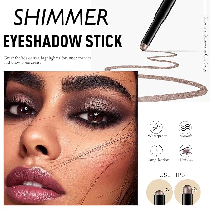 Wugbc Taupe Shimmer Eyeshadow Stick, Waterproof Cream Eye Shadow Pencil Long-Lasting Crease-Proof Glitter Eyeshadow Crayon Smooth High Pigmented Highlighter Blendable Neutral Eye Shadow Liner Makeup
