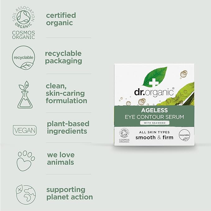 Dr. Organic Ageless Eye Contour Serum with Seaweed | Smoothing and Firming, Targets Fine Lines, Fragrence Free, Certified Organic, Paraben & SLS-free, 15 mL /.5 fl oz