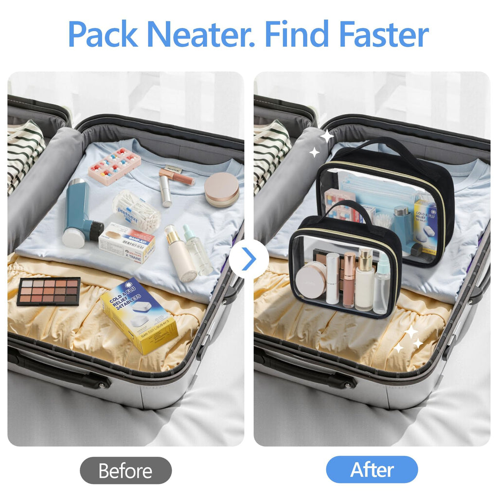 PACKISM Clear Makeup Bag Travel - TSA Approved Toiletry Bag, 2 Pack Black