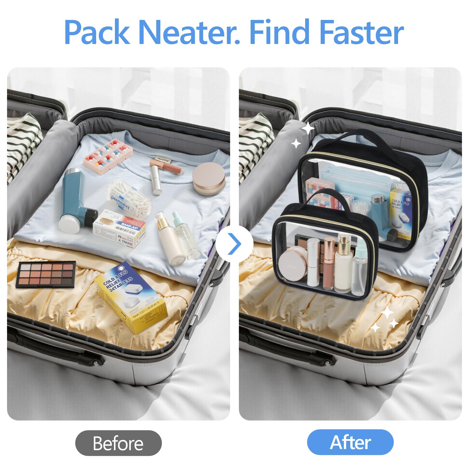 PACKISM Clear Makeup Bag Travel - TSA Approved Toiletry Bag, 2 Pack Black