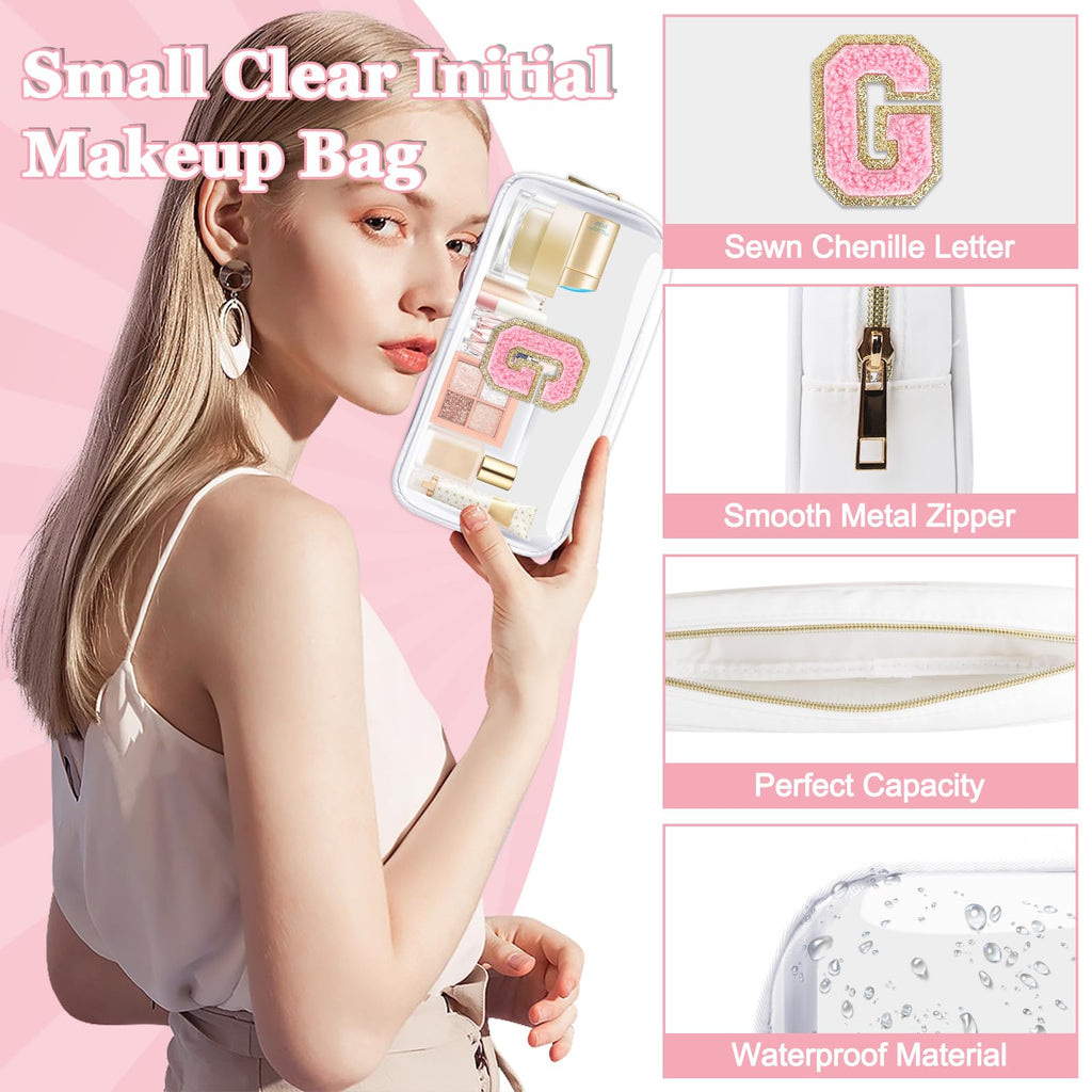 Small Clear Personalized Initial Makeup Bag,Nylon Preppy A-Z Chenille Letter Patch Cosmetic Pouch Beach Toiletry Bag,Waterproof Zipper Travel Purse Storage Bag Organizer for Women Girls(White-Pink G)