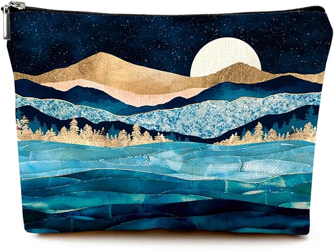 Givotin Cute Makeup Bag for Purse Canvas Waterproof Funny Cosmetic Bags for Women Zipper Travel Toiletry Pouch-Mountain Moon Lake Makeup Bags