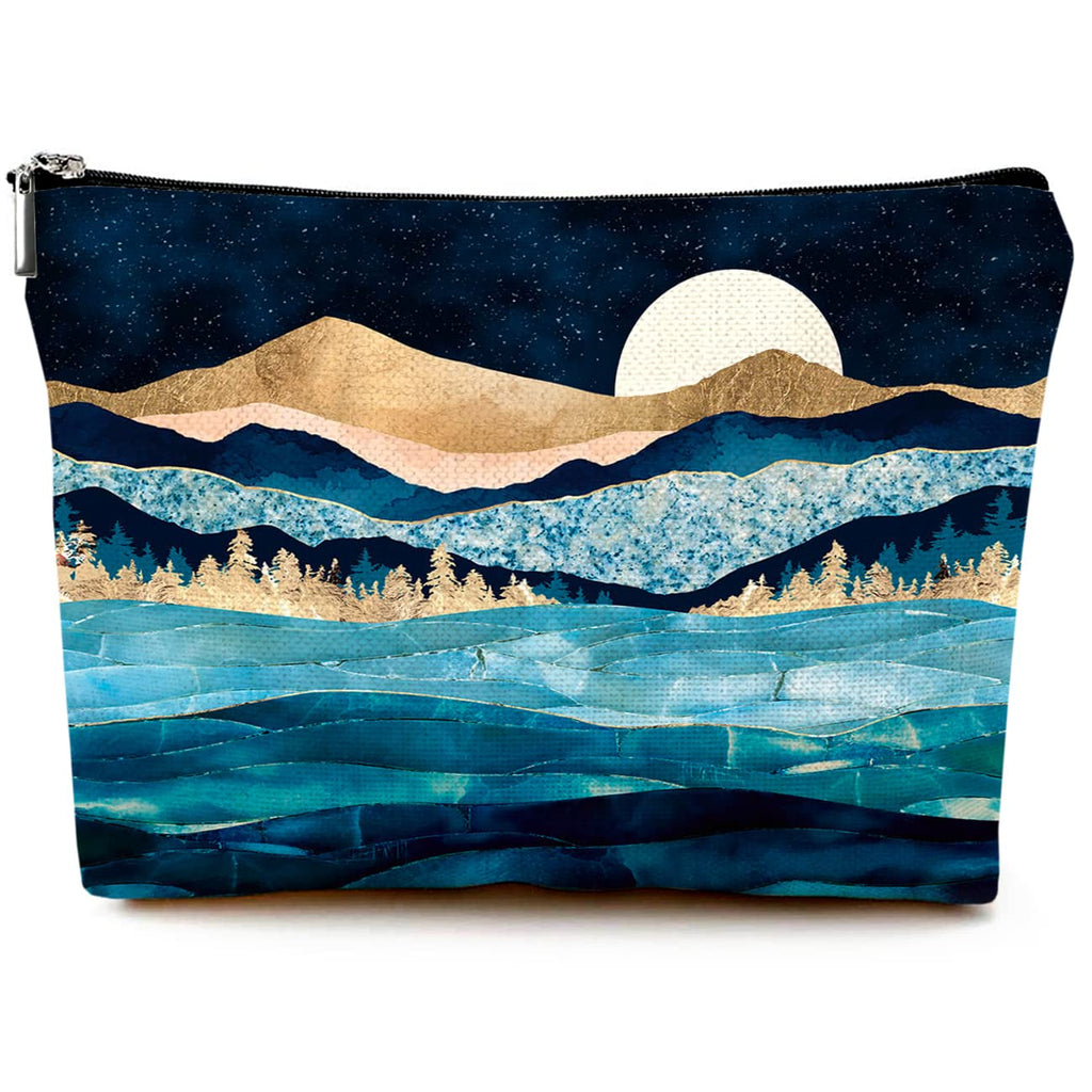 Givotin Cute Makeup Bag for Purse Canvas Waterproof Funny Cosmetic Bags for Women Zipper Travel Toiletry Pouch-Mountain Moon Lake Makeup Bags