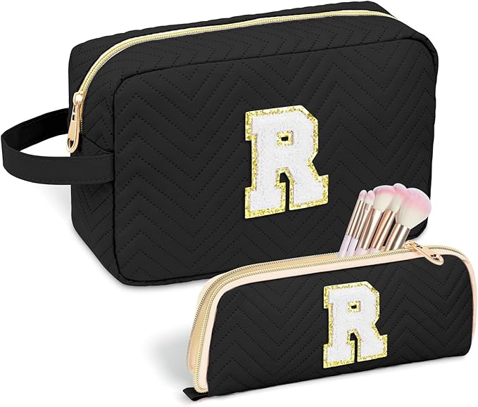 Sernaxi Personalized Initial Makeup Bag Waterproof Leather Cosmetic Bag Travel Toiletry Bag, Valentine’s Day Gift Makeup Organizer Case & Makeup Pouch for Women Teen Girls Mom Girlfriend Wife