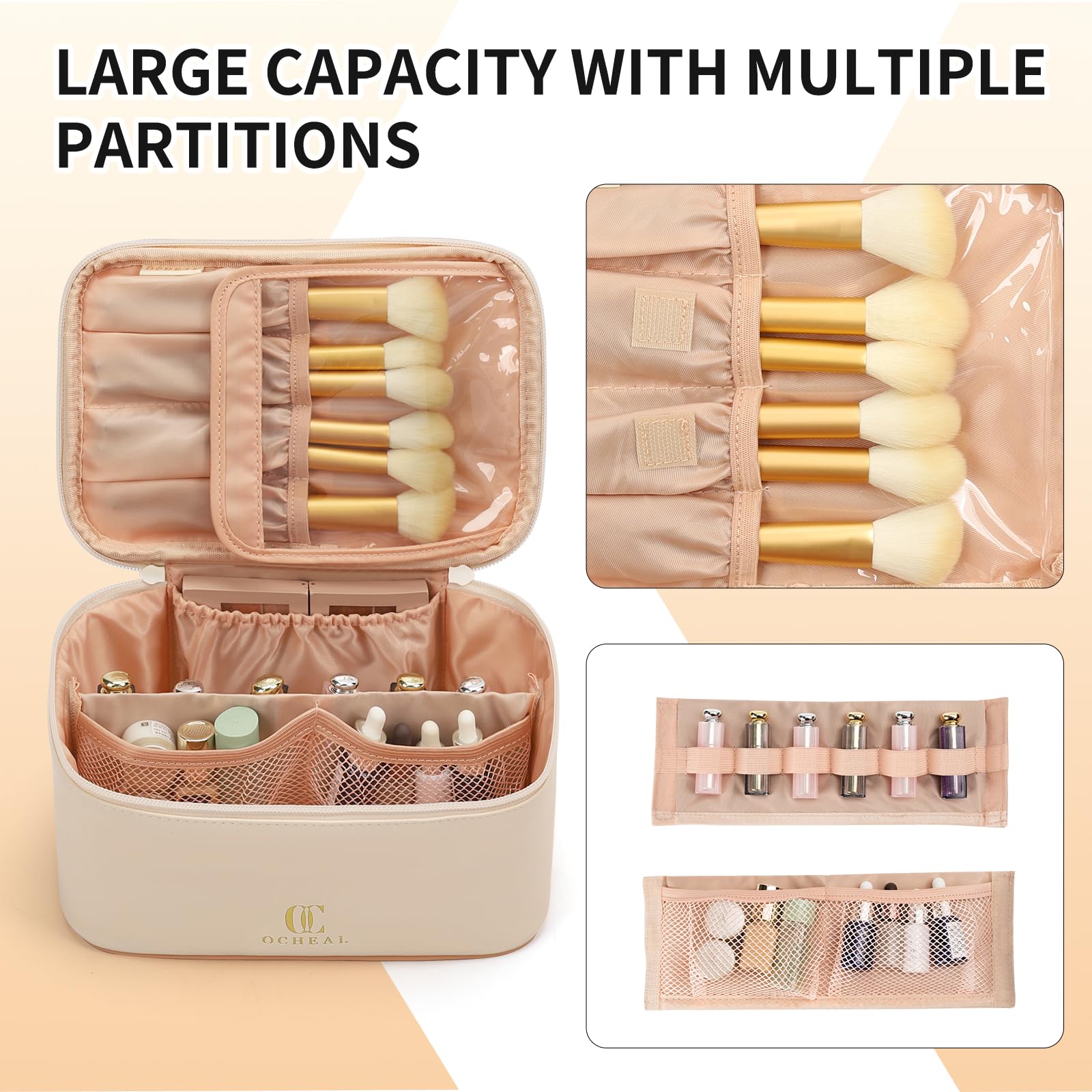 OCHEAL Beige Makeup Bag,Travel Makeup Organizer Bag, Large Capacity Cosmetic Bags For Women Large Travel Toiletry Bag Girls Traveling With Brush Slot And Divider-White