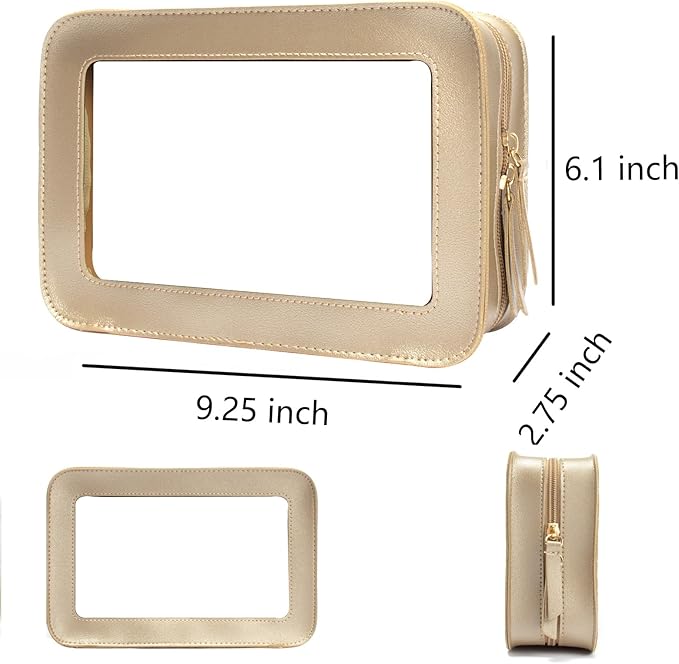 FFpaw Clear Makeup Bag, Gold Travel Makeup Pouch Toiletry Bag for Women Waterproof Small Cosmetic Bag Case Small Make Up Bag with Zipper Car Organizer Car Essentials for Women Men