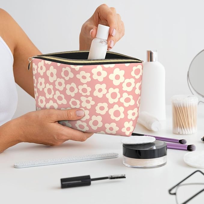 BEIANSHUO Vintage Pink Flower Small Makeup Bag for Women - Leather Travel Cosmetic Bag Make Up Pouch Mini Travel Zipper Pouch - Makeup Organizer Bag