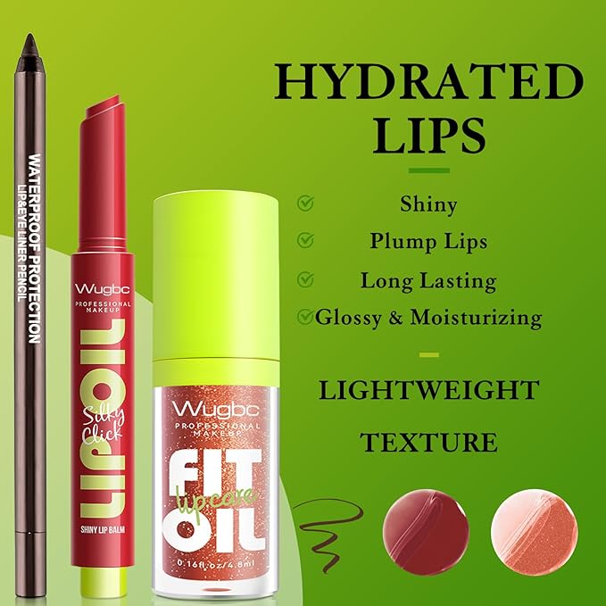 Wugbc Brown Lip Liner Glitter Lip Gloss Oil Click Lip Balm, Hydrating Lipstick Tinted Lip Oil for Women Makeup Lightweight Non Sticky Liquid Lipstick Lip Liner Pencil Combo Set