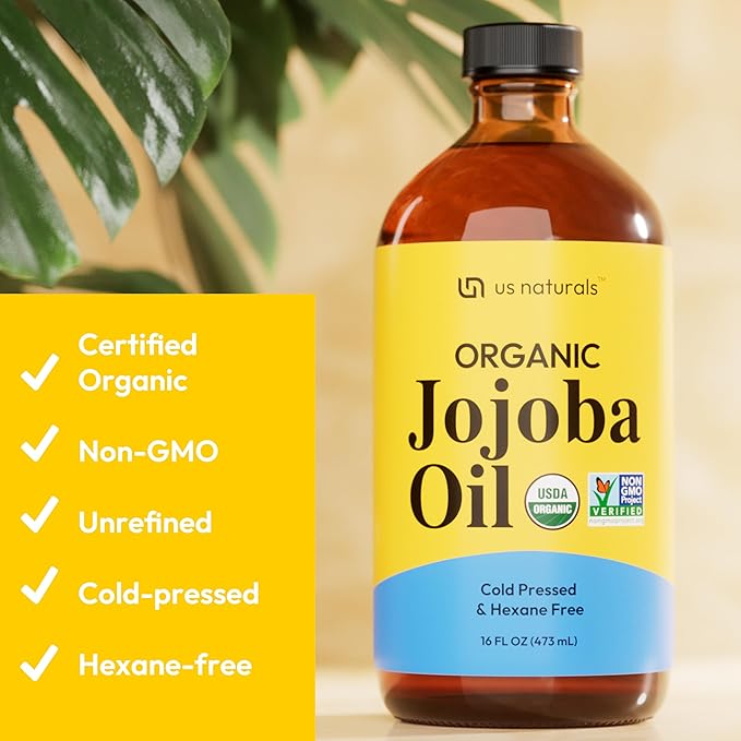 Us Naturals Organic Jojoba Oil 16 oz in Glass Bottle - USDA Certified Organic & Non-GMO, 100% Pure Cold Pressed, Unrefined, Hexane-Free Carrier Oil for Hair, Skin, Nails & Massage