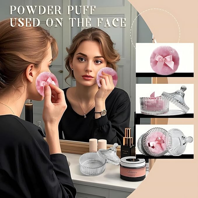 Habitable tree 2 Pcs Large Body Powder Puff and Container Powder Container with Puff Powder Puff Crystal Container Soft Washable Reusable Velour Face Body Glitter Powder Puff Wet Dry Makeup (Pink)