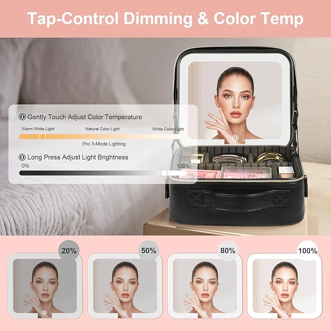 BEAUTY CASE Makeup Bag with Led Mirror, 10 Inch Portable Cosmetic Vanity Organizer Case with Adjustable Dividers, USB Charging, Large Capacity, Ideal for Travel, Gift for Women Girls, Black