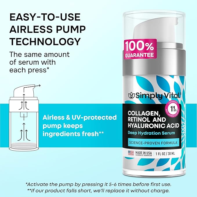 SimplyVital Collagen, Retinol & Hyaluronic Acid Serum - Anti-Aging Moisturizer for Face, Neck & Décolleté - Deep Moisturizing Skin Care Complex - Hydrating Facial Serum for Women, 1 fl.oz