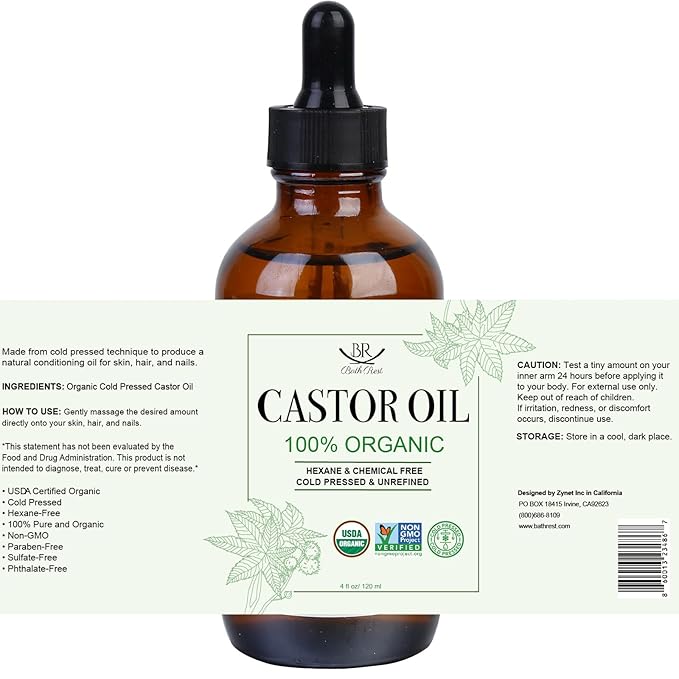 Bathrest Organic Castor Oil 100% Pure Natural Hair Oil for Hair Growth, Castor oil for Skin Lashes Nails Face Eyelash Eyebrows, Cold Pressed Hexane Free Unrefined USDA Certified 4OZ