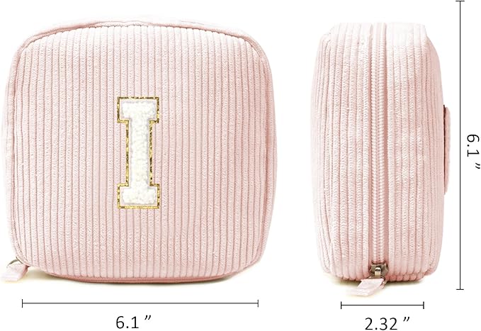 Cute Monogram Personalized Initial Makeup Bag - Pink Cosmetic Pouch - Friendship Sister Teacher Gifts (Letter I, Pink)