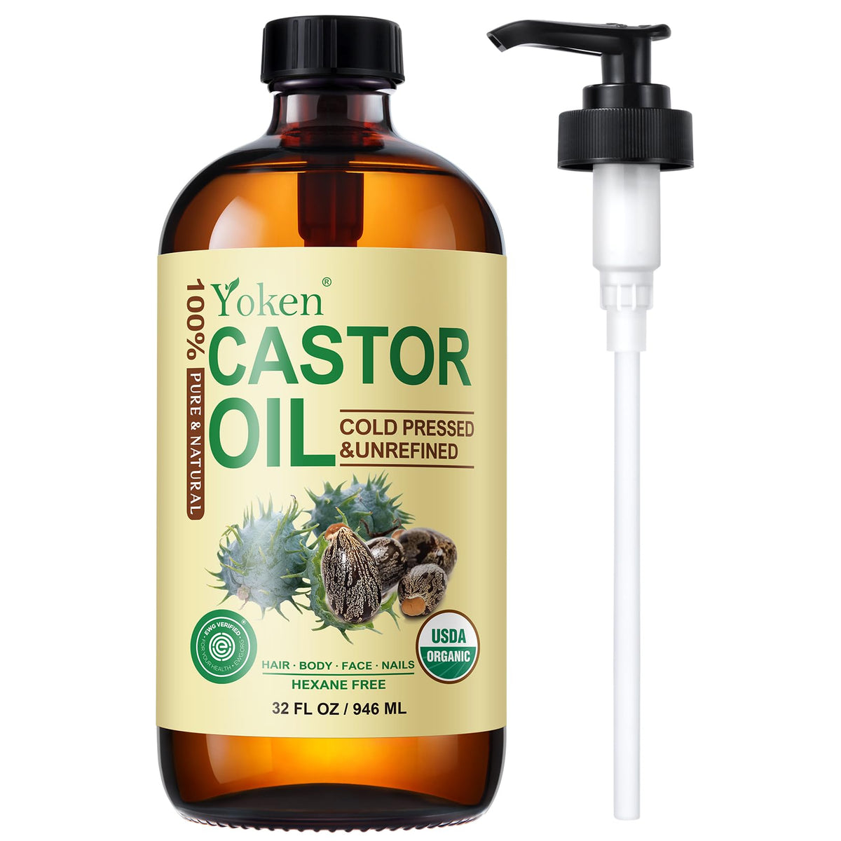 Yoken EWG Organic Castor Oil 32oz with Pump, Cold Pressed Hexane Free