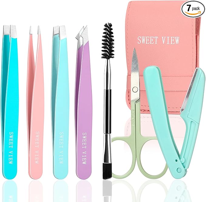 SWEET VIEW 7PCS Tweezers Kit for Women Facial Hair & Brow