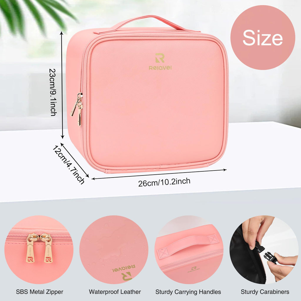 Relavel Travel Makeup Bag With LED Mirror Portable Travel Makeup Organizer 3 Color Adjustable Brightness Waterproof Cosmetic Train Case with Removable Dividers Makeup Storage for Women, Pink