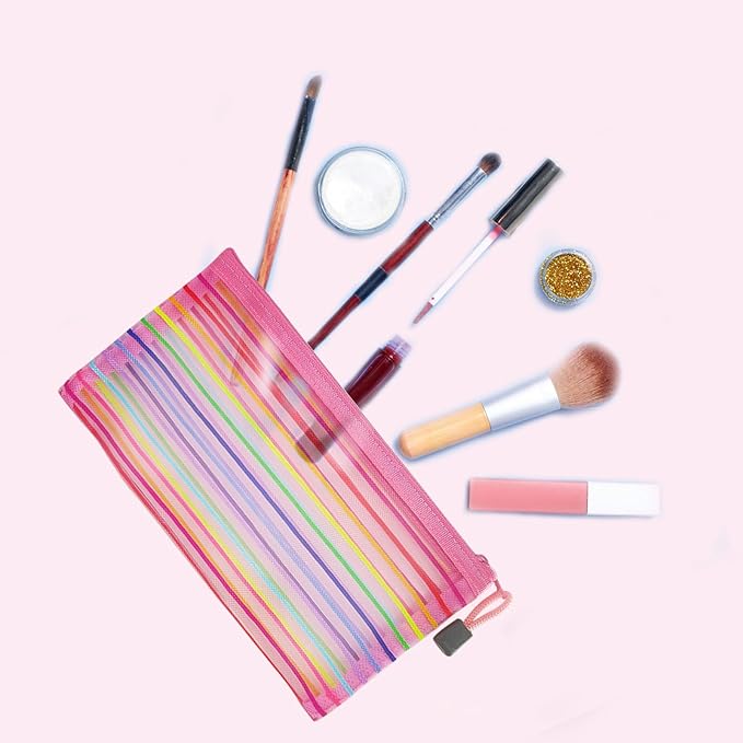 CarryEpic Mesh Bags with Zipper (6 Pack), Nylon Makeup Bag Cosmetic Pouches Travel Organizer Case for Purse Diaper Bag Home Organizing Striped Multi Size Pink
