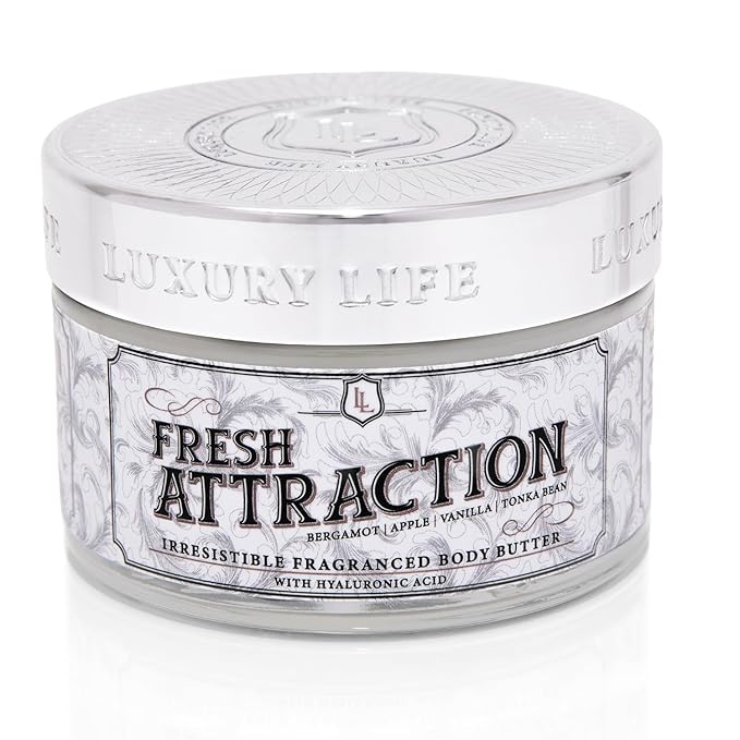 LUXURY LIFE BUTTER - 40% Extrait de Parfum Fragranced Body Butter with Hyaluronic Acid for Ultimate Moisture - Luxurious Room-Filling Natural Fragrances - Non-Greasy, USA Made, Fresh Attraction, 5 oz