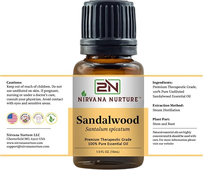 Nirvana Nurture Sandalwood Essential Oil, 100% Pure Undiluted, Aromatherapy Oil for Diffuser, Hair & Skin Care