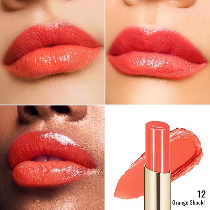 Oulac Moisturizing Orange Red Lipstick for Women, Glass Shine Lip Stick Tinted Lip Balm, Hydrating Lip Gloss for Dry Lips,Shine Juicy Finish Vegan Lipsticks 2.2g/0.07oz G12