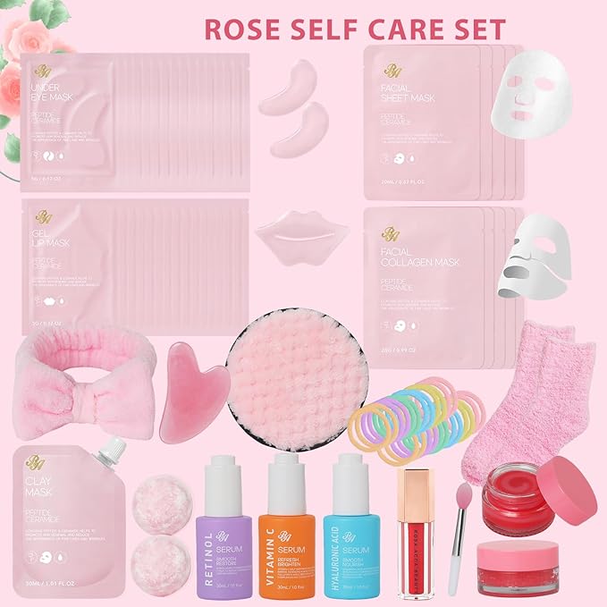 55 Pcs Mothers Day Gift, Rose Essential Oil Home Spa Gift Basket Set for Women, Face Sheet Mask Gift Basket, Skin Care Set, Gel Lip Mask, Christmas, Birthday, Baby Shower, Anniversary, Wife