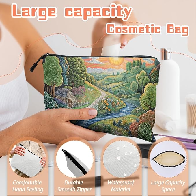 Scribesense Cosmetic Bags Travel Makeup Toilet Case Waterproof Pouch for Women Girls 6.7X9.45inches - Idyllic Country Landscape With Path And Sun