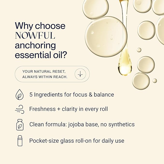 NOWFUL Anchoring Essential Oil Roll-On for Focus, Energy & Stress Relief - Awaken Senses with Pure Peppermint, Eucalyptus, Lemon & Rosemary Essential Oil Blend | Amplify Mood and Mental Clarity - 10ml