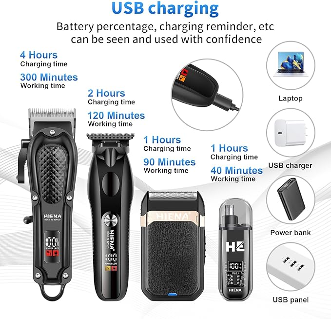 HIENA PRO Hair Clippers for Men Professional, Cordless Barber Clipper & T-Blade Beard/Hair Trimmer Set, Electric Razor Foil Shaver Nose Trimmer Barber Kit, Men's Hair Cutting Kit