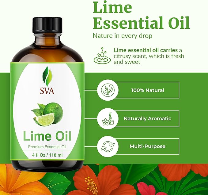SVA Lime Essential Oil – 4 Fl Oz - for Diffuser, Skin & Hair Care – Ideal for Massage & DIY Blends - with Dropper