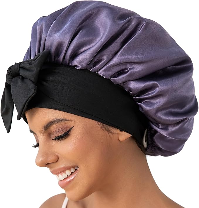 GDTOGRT Satin Silk Bonnet for Sleeping Women, Double Layer Sleep Hair Bonnets Caps for Curly Natural Hair with Tie Band - Black