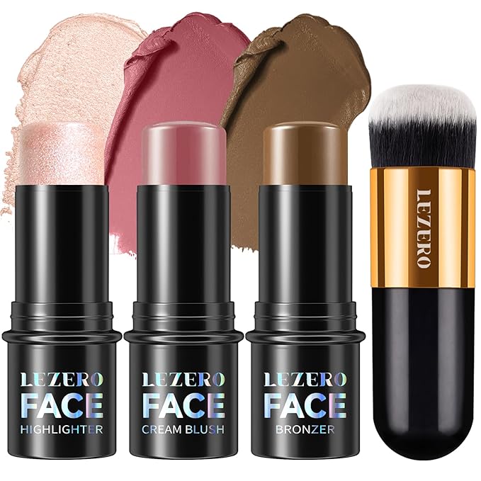 3Pcs Contour Stick Kit,Shades with Highlighter Blush Bronzer, LIGHT MEDIUM