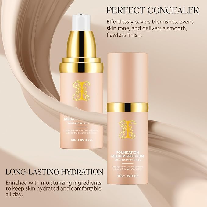Colour Changing Foundation Liquid 4 in 1, Foundation for Older Women, Hydrating Longwearing & Waterproof Concealer, SPF 50+ Makeup Base Nude Face, Foundation Medium Spectrum for all Skin