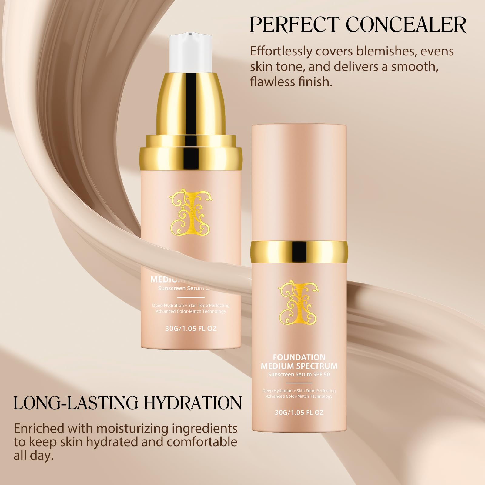 Colour Changing Foundation Liquid 4 in 1, Foundation for Older Women, Hydrating Longwearing & Waterproof Concealer, SPF 50+ Makeup Base Nude Face, Foundation Medium Spectrum for all Skin