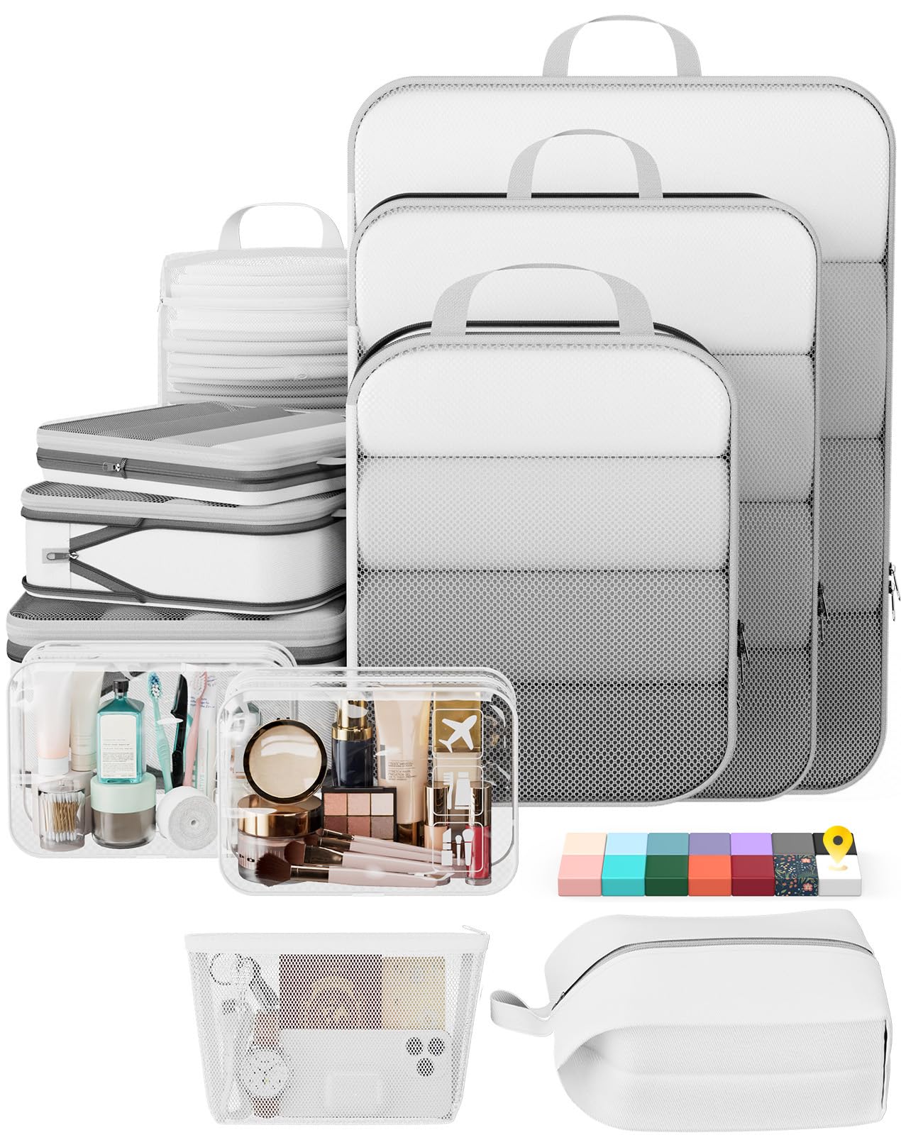 1/2/6/8/9/10/11 Set Compression Packing Cubes Garment Bags Garment Bag for Travel Essentials,White