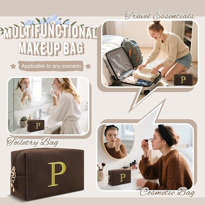 Personalized Initial Makeup Bag,Preppy Suede Cosmetic Bag for Teen Girls,Small Monogram Travel Toiletry Bag With Gold Embroidered Letter,Trendy Stuff Custom Christmas Gift for Women(Coffee-P)