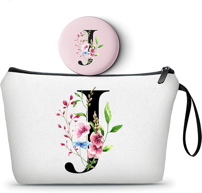 SEAMOON A-Z Personalized Makeup Bag with Mirror, Birthday Gifts for Women Friend Sister Teacher Coworkers, Bride Bridesmaid Travel Cosmetic Bag, Mothers Day Christmas Graduation J