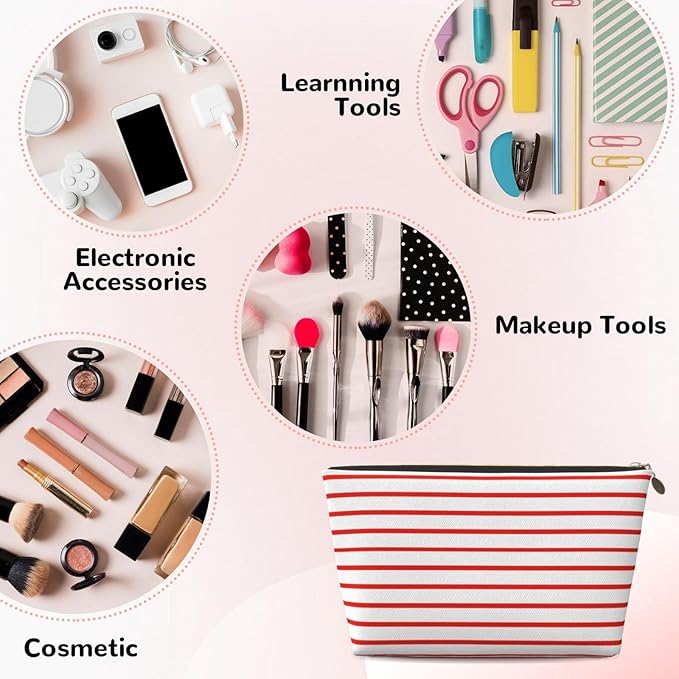 Dultua Mothers Day Gifts Makeup Bag Purse Cosmetic Bag Travel Toiletry Leather Make Up Bags for Mom Wife Women Daughter White Red Line