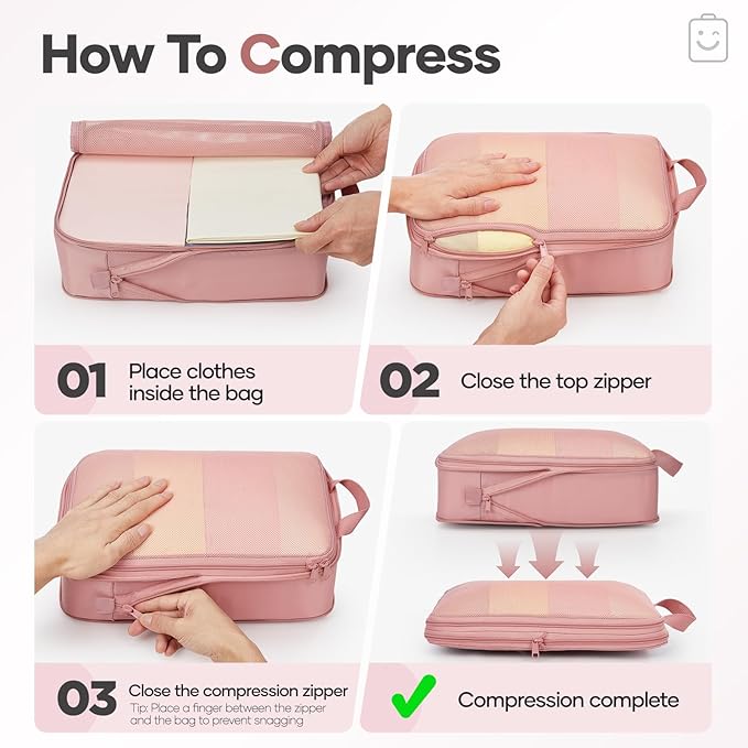 Veken 11 Set Compression Packing Cubes Garment Bags for Travel Essentials,Compressible Expandable Luggage Organizer Bags for Clothing,Space Saver Bags with Over 1000 pcs of Mesh Holes(Light Coral)
