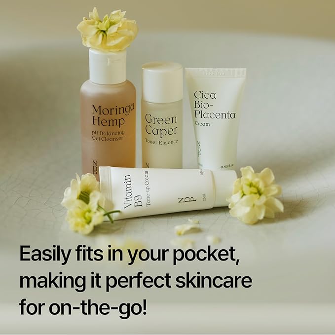 Natural Derma Project - Travel Kit - Mini Travel Size Skincare Essentials - Moringa Hemp Gel Cleanser, Green Caper Toner Essence, Cica Bio-Placenta Cream, B9 Tone-Up Cream (4 items)