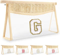 UIXIZQ Personalized Initial Letter Bag Boho Straw Clear Makeup Bag,Small Cute Chenille Varsity Letter Bag With Zipper,Beach Travel Toiletry Bag,Portable Monogrammed Cosmetic Bag for Women Girls,G