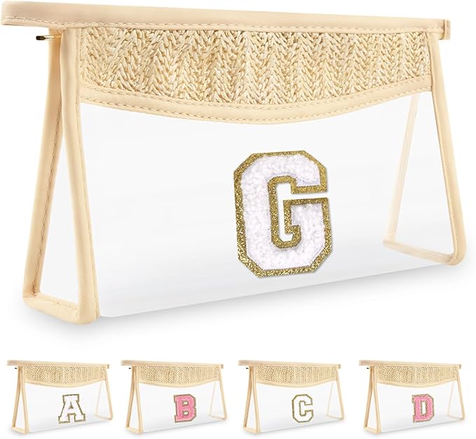 UIXIZQ Personalized Initial Letter Bag Boho Straw Clear Makeup Bag,Small Cute Chenille Varsity Letter Bag With Zipper,Beach Travel Toiletry Bag,Portable Monogrammed Cosmetic Bag for Women Girls,G
