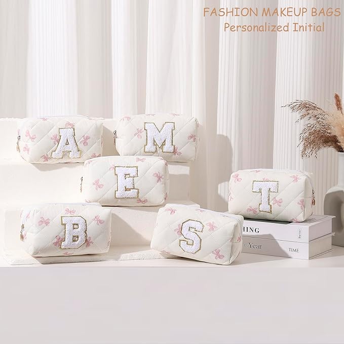 Gleyemor Personalized Initial Makeup Bag for Women, Cute Quilted Pink Floral Cotton Cosmetic Bag, Christmas Gifts for Her Mom Friend Sister Bridesmaid Teacher Women S